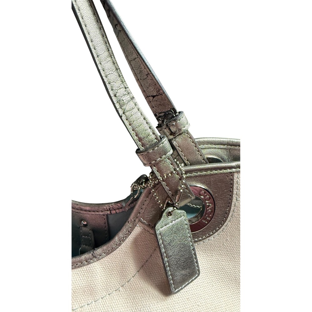 Coach Starfish Beach Canvas Tote Bag Silver Metallic Leather Trim F19212 - Picture 6 of 13